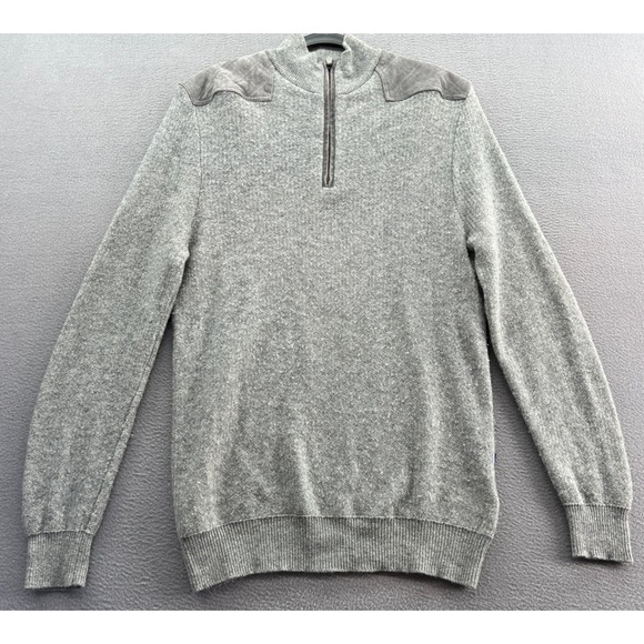 Vineyard Vines Sweater Mens Sz L Gray Quarter Zip Cashmere Suede Leather Accents